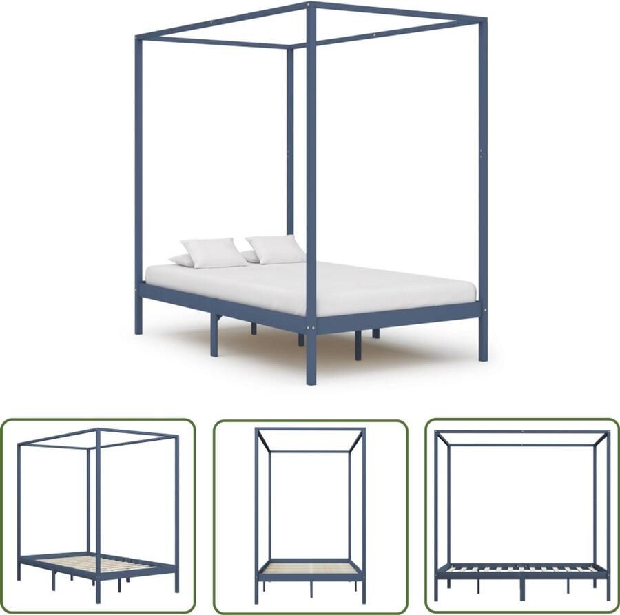 VidaXL Hemelbedframe Massief Grenenhout Grijs 120x200 cm Massief Houten Bed Hemelbed Grijs Bed Tweepersoons Bed Kinderkamer Meubels Slaapkamers