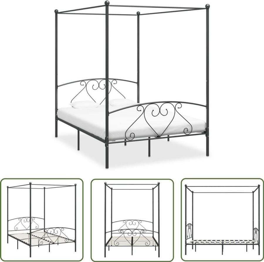 VidaXL Hemelbedframe Metaal 160x200 cm Grijs Hemelbed Metalen Bed Frame Tweepersoons Bed Grieze Bed Design Bed Hoofdbord