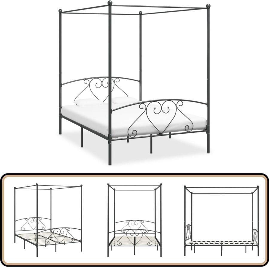 VidaXL Hemelbedframe Metaal 160x200 cm Grijs Hemelbed Metalen Bed Frame Tweepersoons Bed Grieze Bed Design Bed Hoofdbord - Foto 2