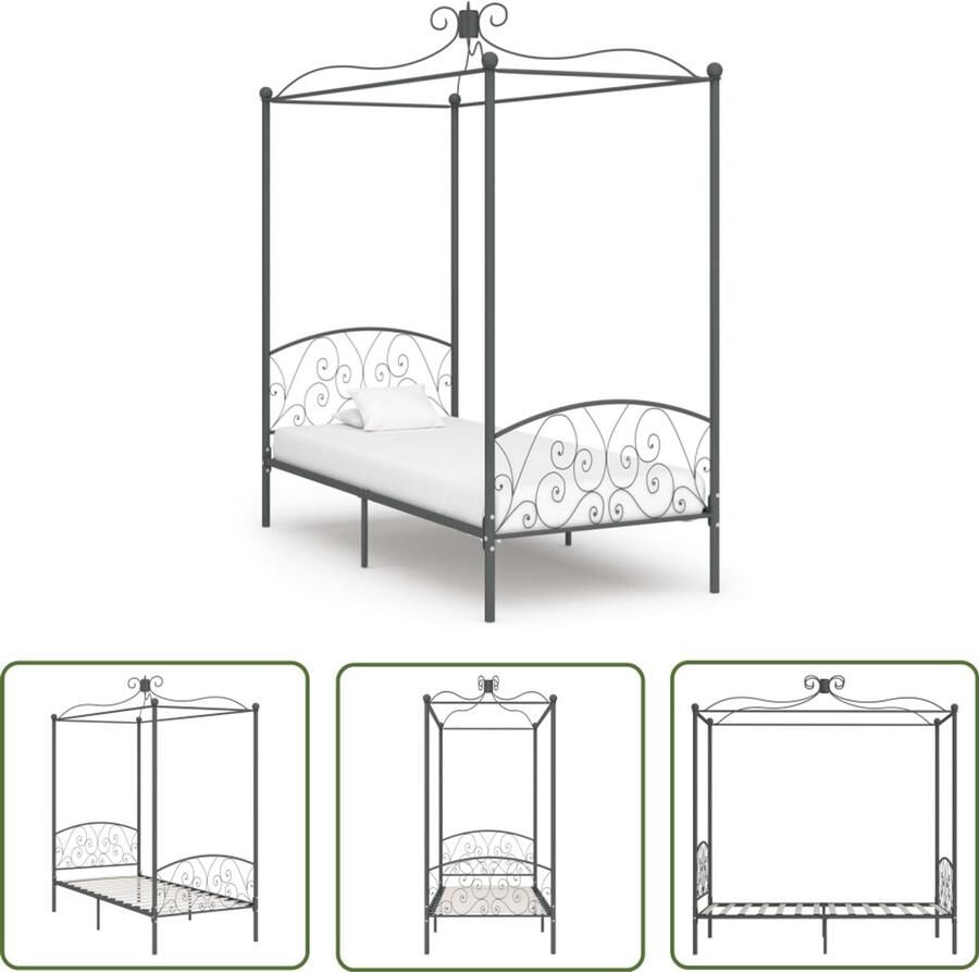 VidaXL Hemelbedframe Metaal Grijs 100x200 cm Metalen Hemelbed Grijs Bed Frame Tweepersoons Bed Hoofdbord Bed Vintage Bed Slaapcomfort Luxe Bed Kamerdecoratie