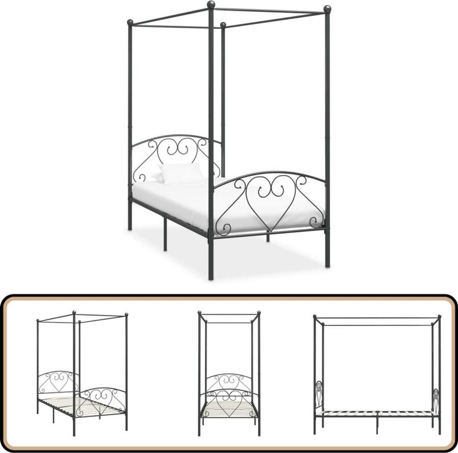 VidaXL Hemelbedframe Metaal Grijs 120x200 cm Hemelbed Metalen Bed Grijs Bed Tweepersoonsbed Hoofdbord