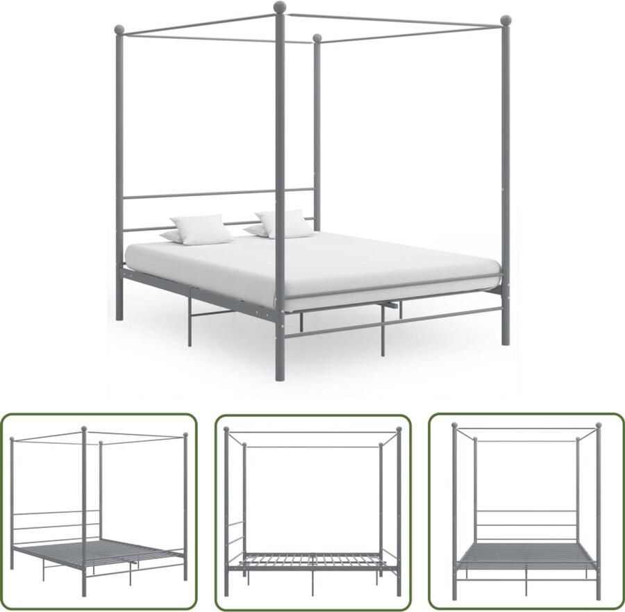 VidaXL Hemelbedframe Metaal 160x200 cm Grijs Metalen Bed Frame Tweepersoons Bed Hemelbed Slaapcomfort Design Bed