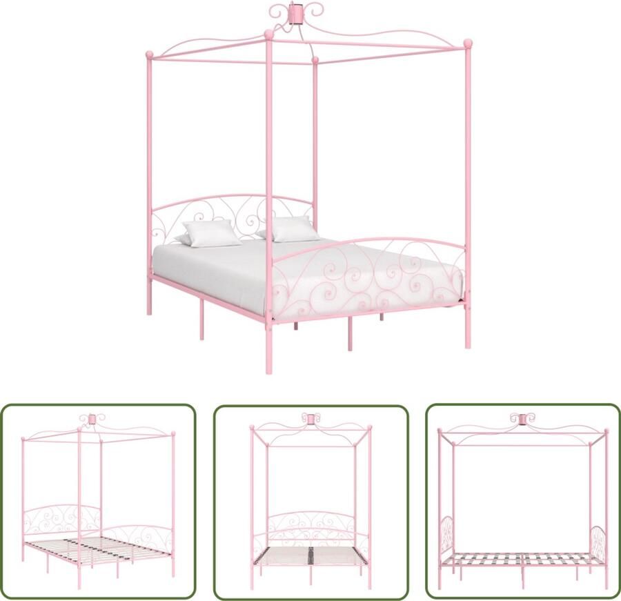 VidaXL Hemelbedframe Metaal Roze 120x200 cm Metalen Hemelbed Rozenkleurig Bed Frame Slaapkamer Decoratie Vintage Bed Tweepersoons Bed