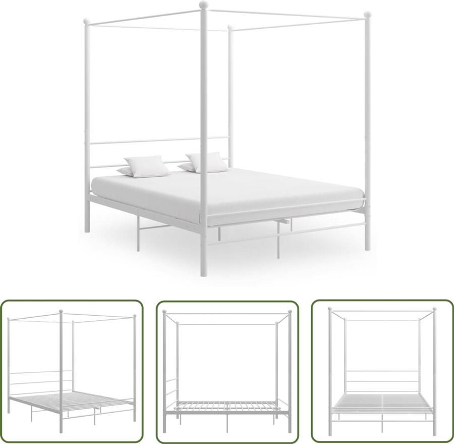 VidaXL Hemelbedframe Wit 160x200 cm Metaal Slaapkamersdecoratie Metalen Bed Frame Tweepersoonsbed Wit Bed Hemelbed