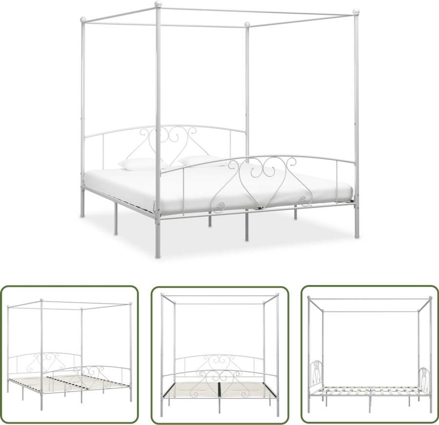 VidaXL Hemelbedframe Metaal Wit 200x200 cm Metalen Hemelbed Wit Bed Frame Tweepersoons Bed Hoofdbord Bed Slaapcomfort Design Bed Luxe Bed Kamerdecoratie Vintage Bed Modern Bed Minimalistisch Bed