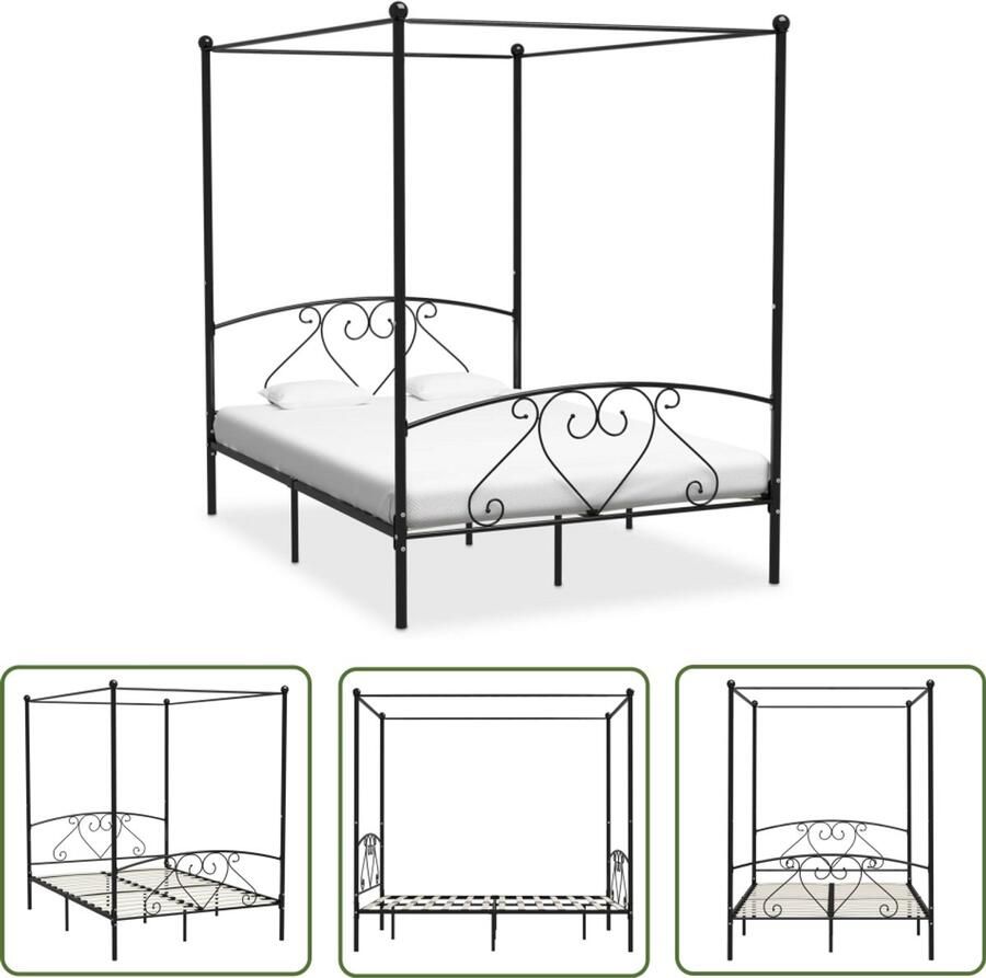 VidaXL Hemelbedframe Metaal Zwart 160x200 cm Hemelbed Metalen Bed Tweepersoons Bed Hoofdbord Slaapcomfort Vintage Interieur Industriële Stijl
