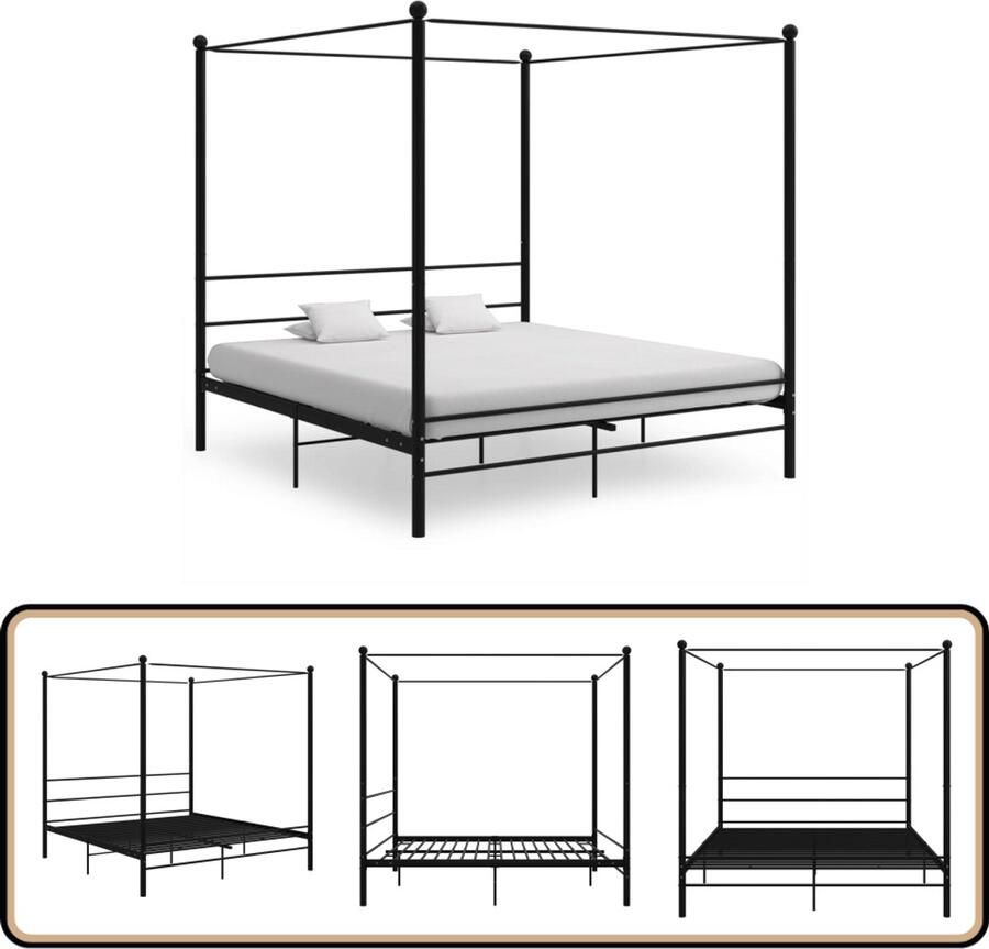 VidaXL Hemelbedframe Metaal Zwart 200x200 cm Metalen Bed Frame Tweepersoons Bed Zwarte Bedbank Hoofdbord Bed Design Bed