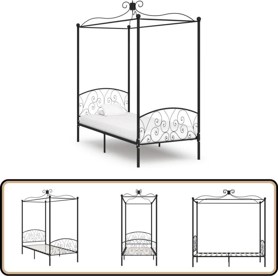 VidaXL Hemelbedframe Metaal Zwart 90x200 cm Metalen Hemelbed Klassieke Bed Frame Zwarte Bedpost Tweepersoons Bed Slaapcomfort Luxe Bed Kamerdecoratie Hoofdbord Bedstede
