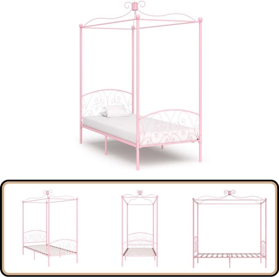 VidaXL Hemelbedframe Roze 100x200 cm Metaal Metalen Hemelbed Rozen Kleur Bed Tweepersoons Bed Slaapkamer Decoratie Vintage Bed Frame
