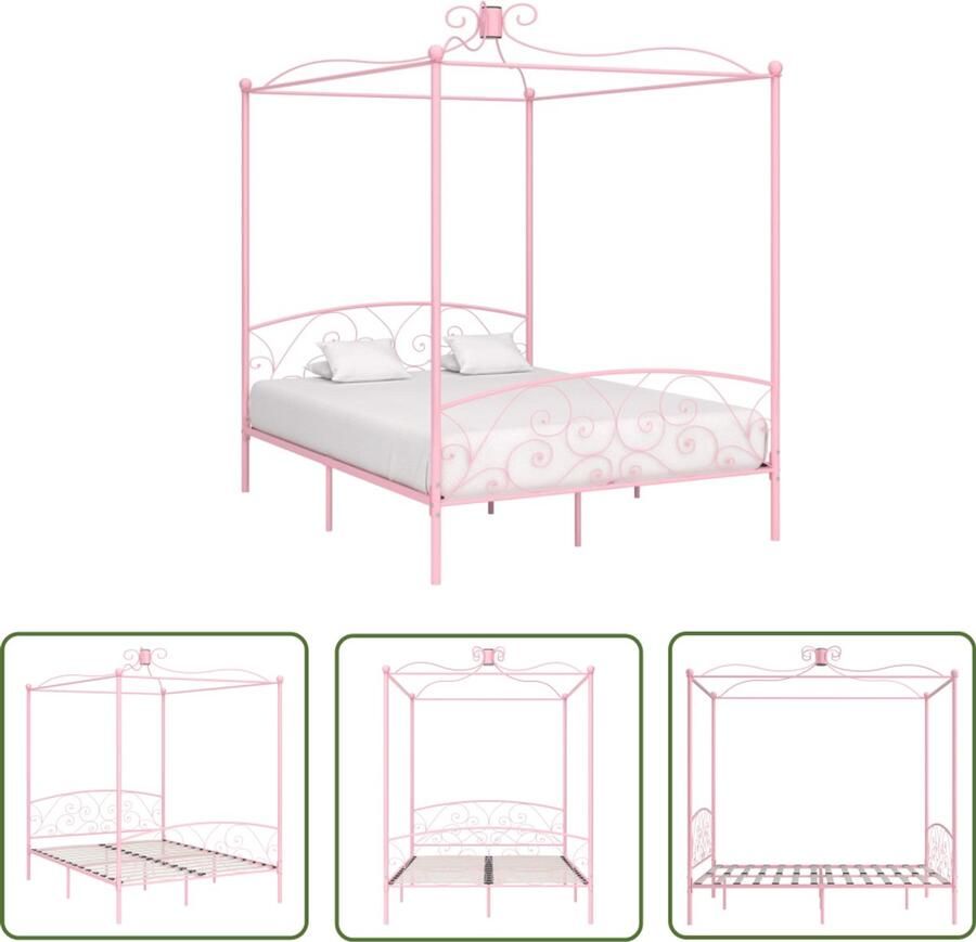 VidaXL Hemelbedframe Roze 160x200 cm Metalen Hemelbed Rozenkleurig Bed Tweepersoons Bed Slaapkamer Decoratie Vintage Bed Hoofdbord