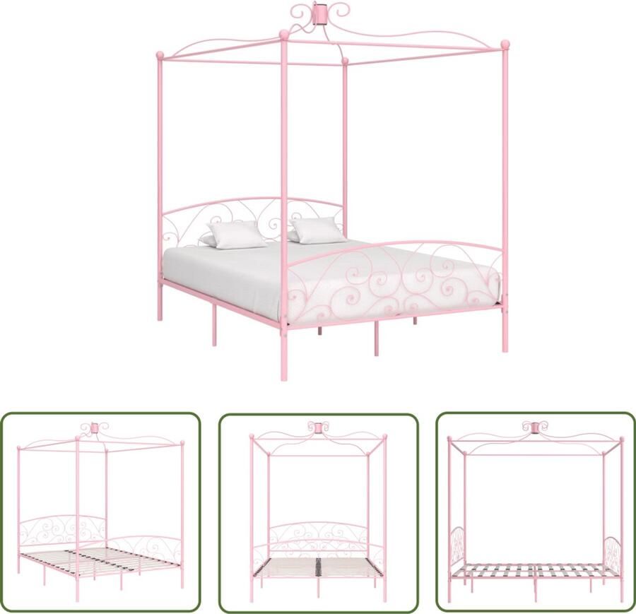 VidaXL Hemelbedframe Roze 180x200 cm Metaal Hemelbed Frame Metalen Bedframe Rozenkleurig Bed Slaapcomfort Luxe Bed Kamerdecoratie
