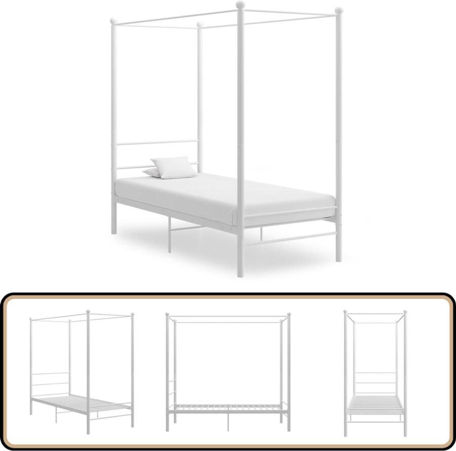 VidaXL Hemelbedframe Wit 100x200 cm Metaal Metalen Bed Frame Tweepersoons Bed Hemelbed Witte Bed Slaapcomfort