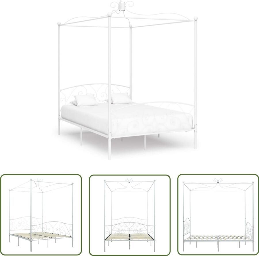 VidaXL Hemelbedframe Wit 120x200 cm Metaal Metalen Hemelbedframe Wit Bed Frame Tweepersoons Bed Slaapcomfort Hoofdbord Vintage Stijl