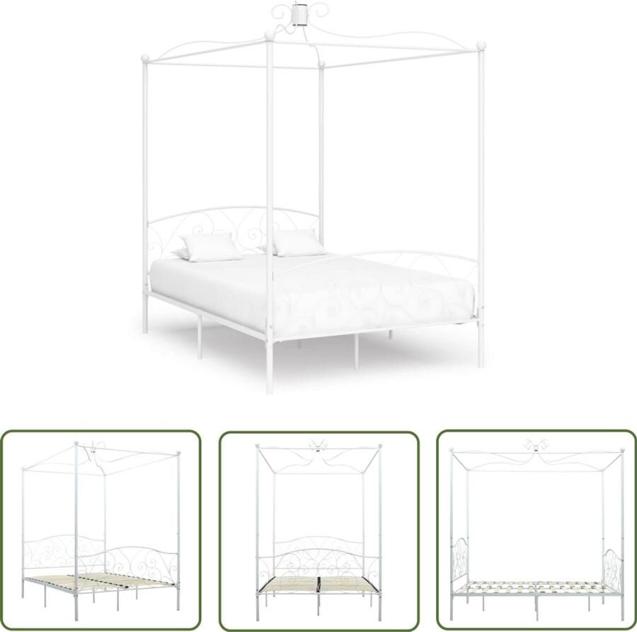 VidaXL Hemelbedframe Wit 140x200 cm Metalen Hemelbedframe Tweepersoons Bed Wit Bed Frame Hoofdbord Vintage Bed Industrieel Bed Kamerdecoratie Slaapkamerinrichting