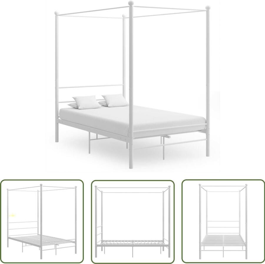 VidaXL Hemelbedframe Wit 140x200 cm Stijlvol Metaal Hemelbed Metalen Bed Bedframe Tweepersoonsbed Wit Bed Slaapcomfort