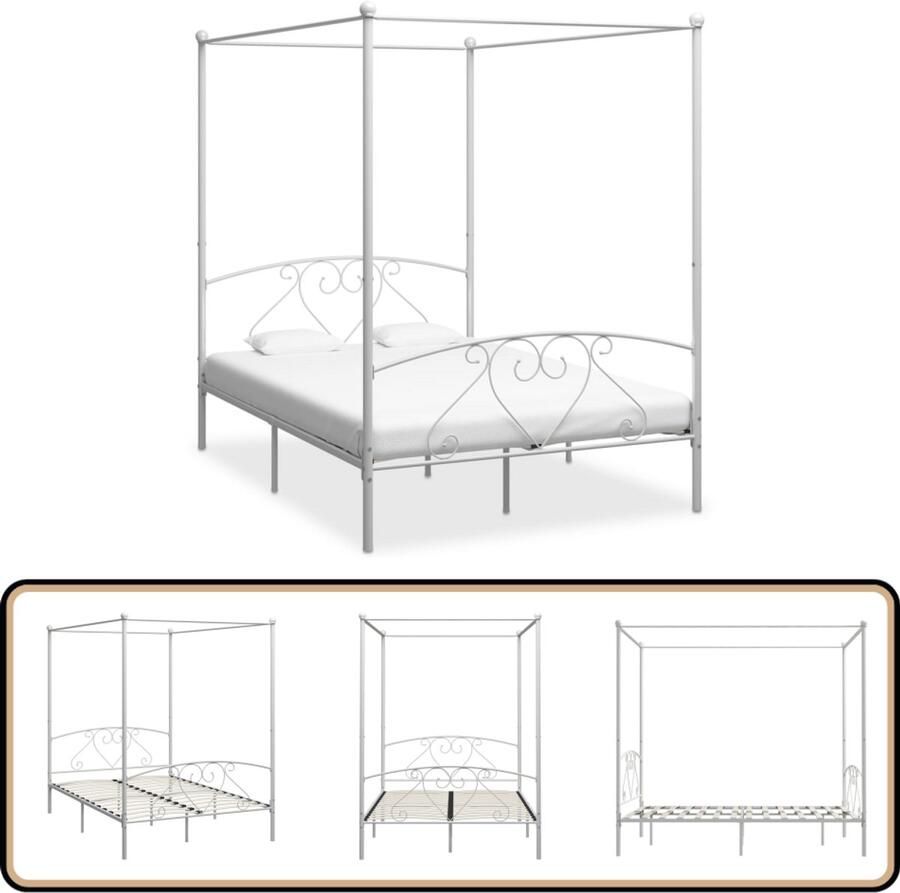 VidaXL Hemelbedframe Wit 160x200 cm Metaal Hemelbed Metalen Bed Frame Tweepersoonsbed Wit Bed Slaapcomfort