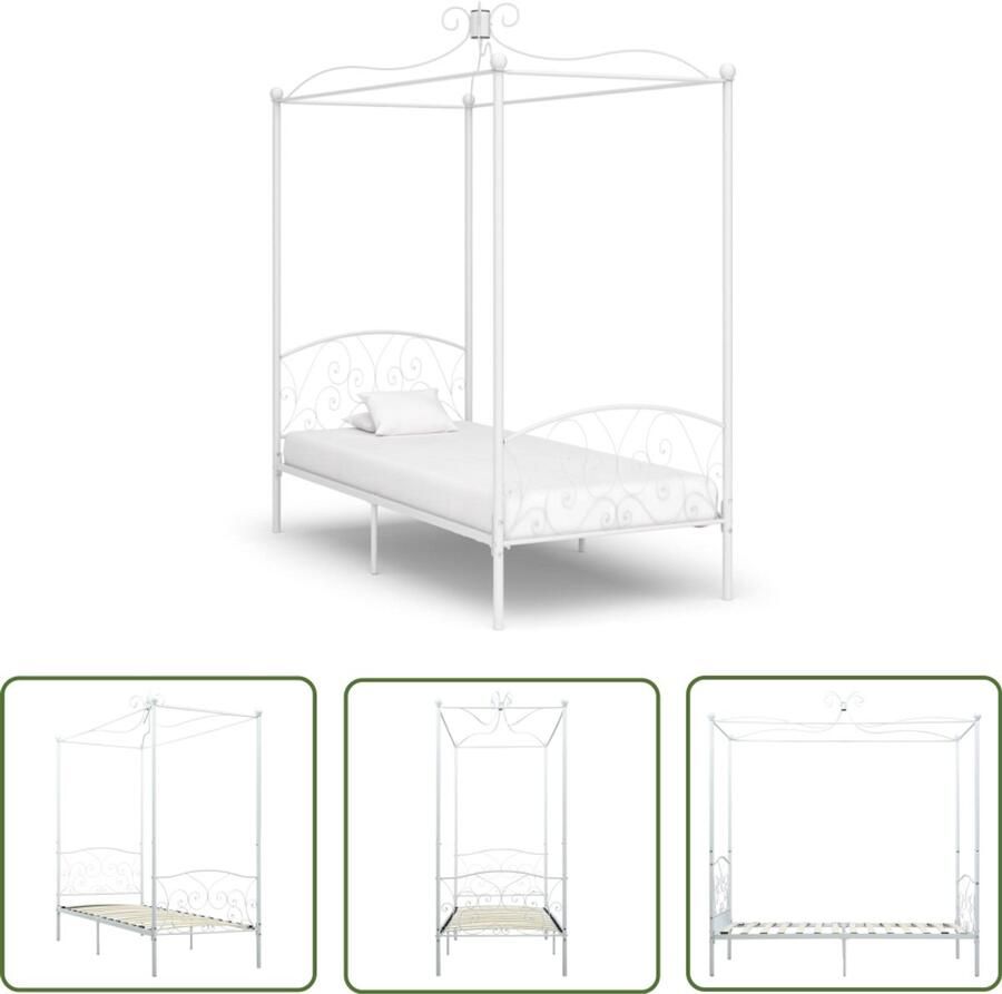 VidaXL Hemelbedframe Wit 90x200 cm Metaal Metalen Hemelbed Houten Bedframe Enkel Bed Tweepersoons Bed Slaapcomfort Kinderkamer Meubels Kamerinrichting