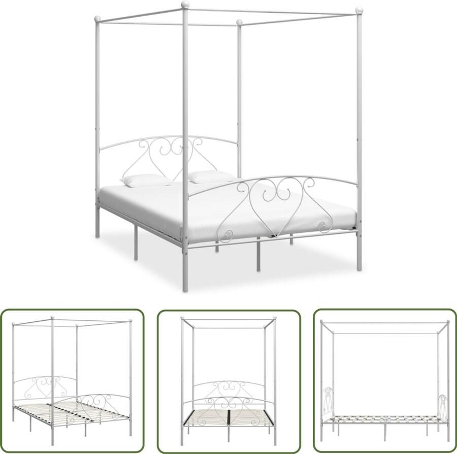 VidaXL Hemelbedframe Wit Metaal 140x200 cm Metalen Hemelbed Wit Bed Frame Tweepersoons Bed Hoofdbord Slaapcomfort Design Bed Vintage Bed Industriële Stijl