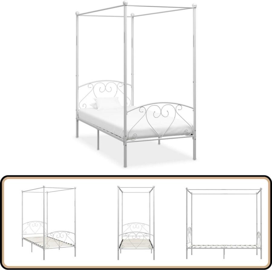 VidaXL Hemelbedframe Wit Metaal 90x200 cm Hemelbed Frame Metalen Bedframe Enkelpersoonlig Bed Wit Bedframe Slaapcomfort Design Bed Luxe Bed Kamerdecoratie Hoofdbord Bedstede