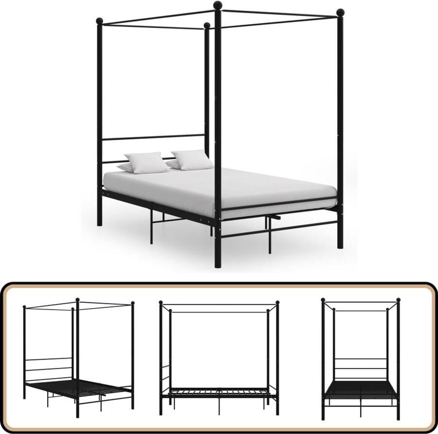 VidaXL Hemelbedframe Zwart 120x200 cm Metaal Metalen Bed Frame Zwarte Bedpost Tweepersoons Bed Boxspring Bed Hoofdbord Bed