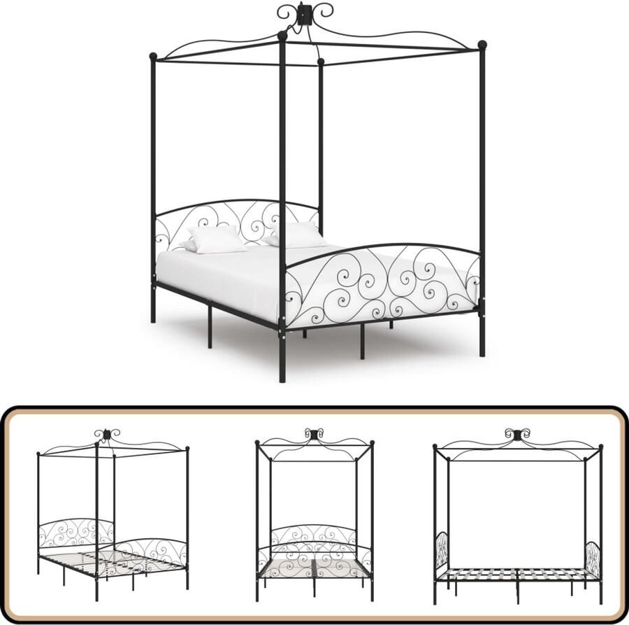 The Living Store Hemelbedframe metaal zwart 140x200 cm Metalen Hemelbed Zwevende Bed Design Bed Slaapcomfort Hoofdbord