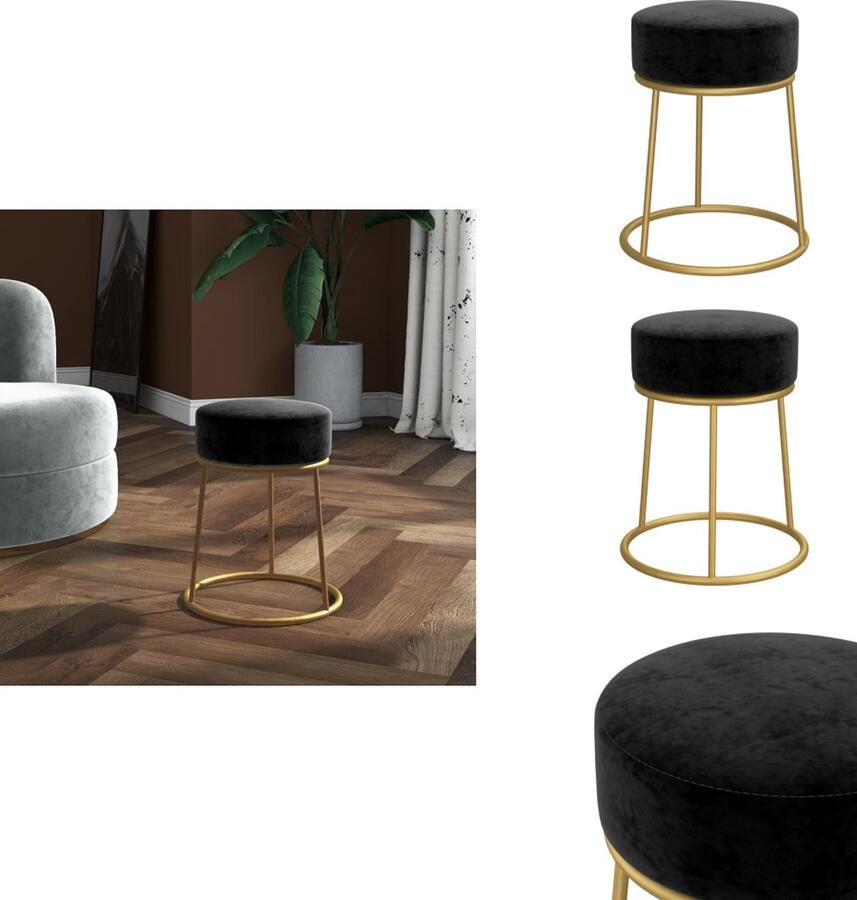 VidaXL Hocker Ronde Poef Fluweel 30x38 cm Zwart Goud Krukje
