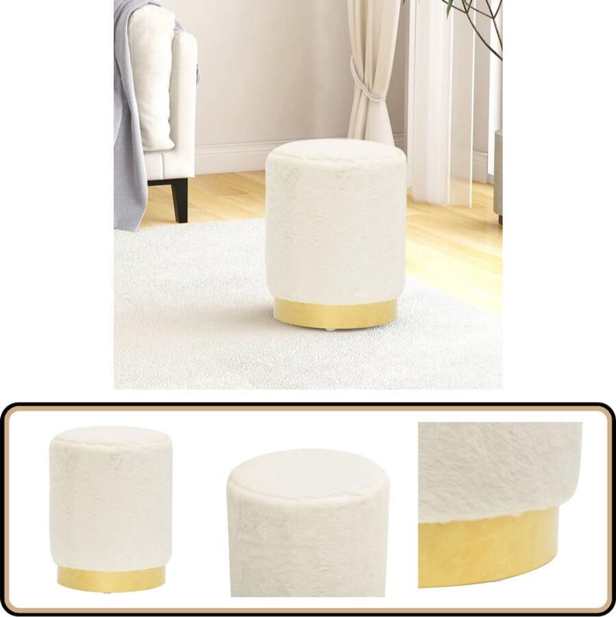 VidaXL Hocker Rond Pluche Wit en Goud 28x36 cm Hocker Pluche Ronde Hocker Salontafel Stoel