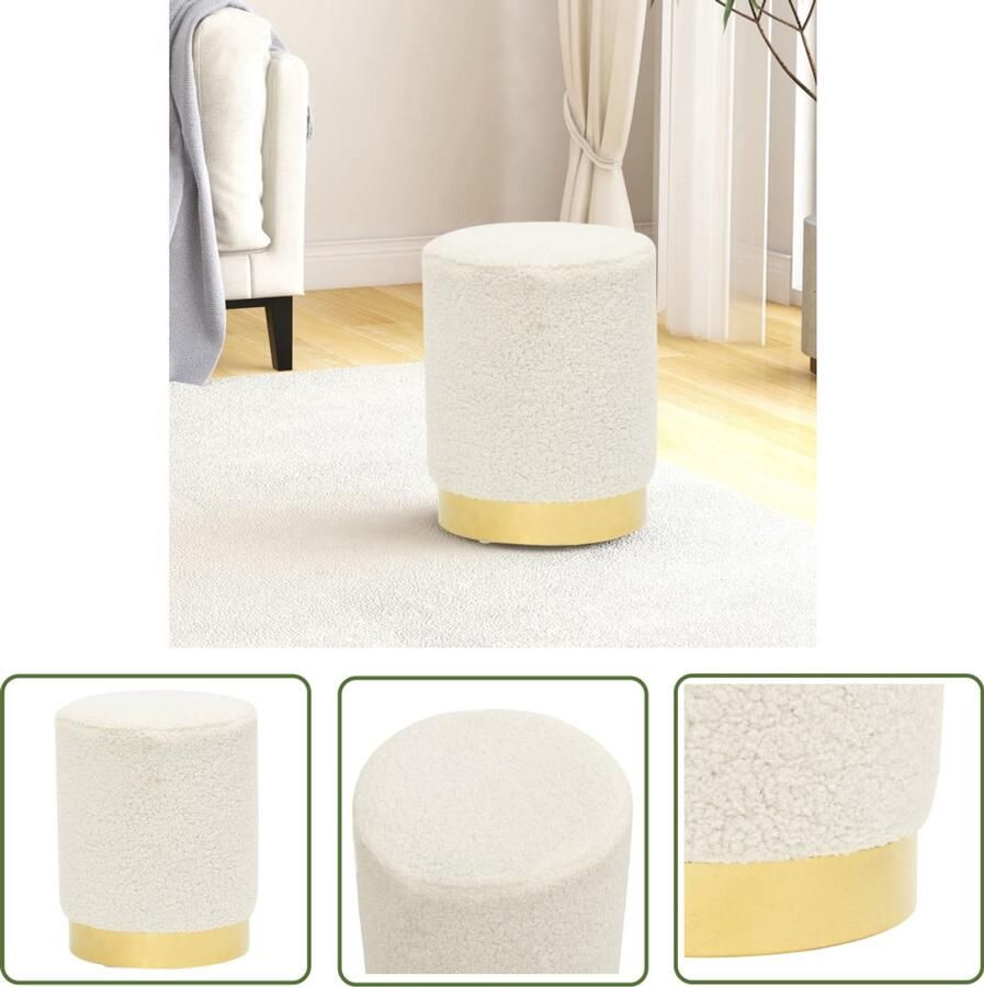 VidaXL Hocker Rond Wit en Goud Luxe Design Ronde Hocker Fleece Witte Hocker Gouden Hocker Lounge Stoel Krukje Modern Interieur Decoratie Woonaccessoires Relaxstoel
