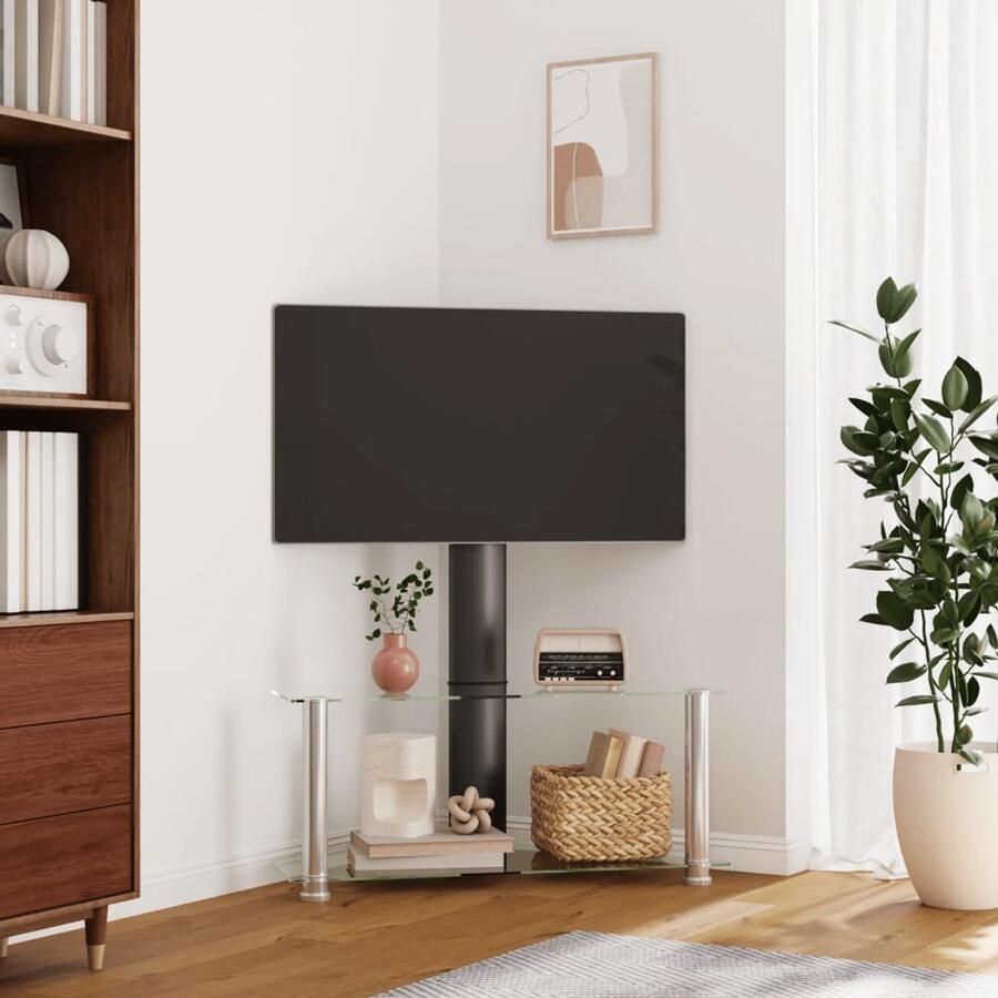 The Living Store Tv-standaard hoek 2-laags voor 32-70 inch zwart en zilverkleur Tv-standaard Hoek Tv-standaard Tv-meubel Media Kast Zwarte Tv-standaard
