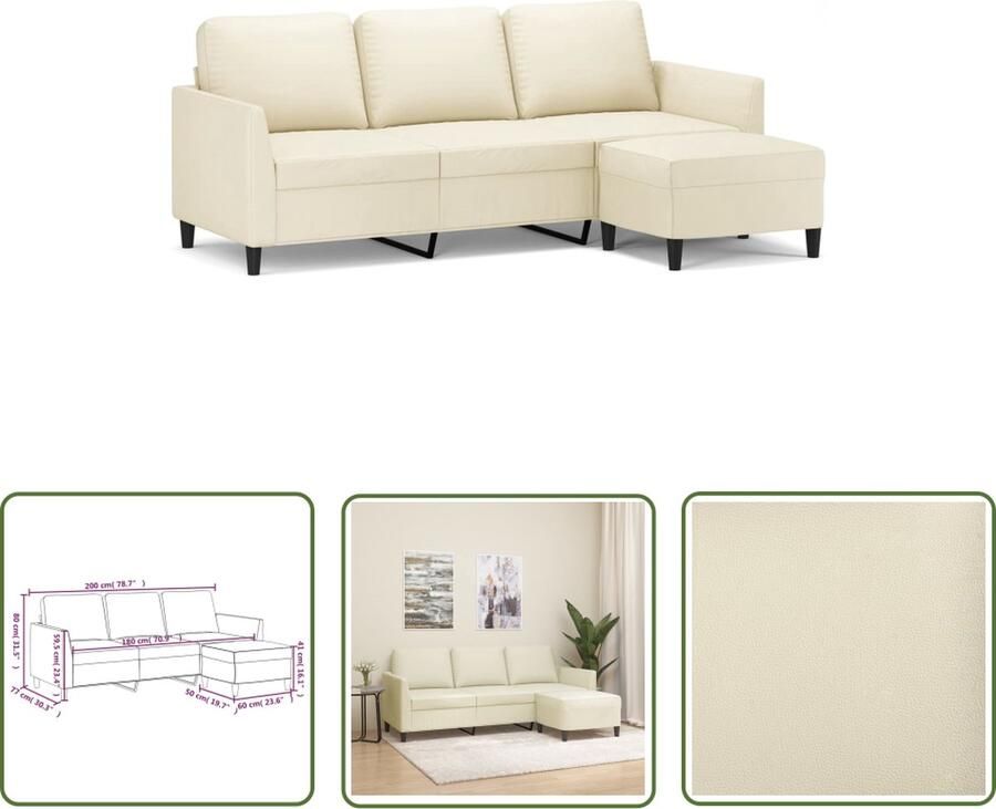 The Living Store Driezitsbank met voetenbank 180 cm kunstleer crème Drie Gezitsbank Hoekbank Salontafel Lounge Meubilair Lederlook
