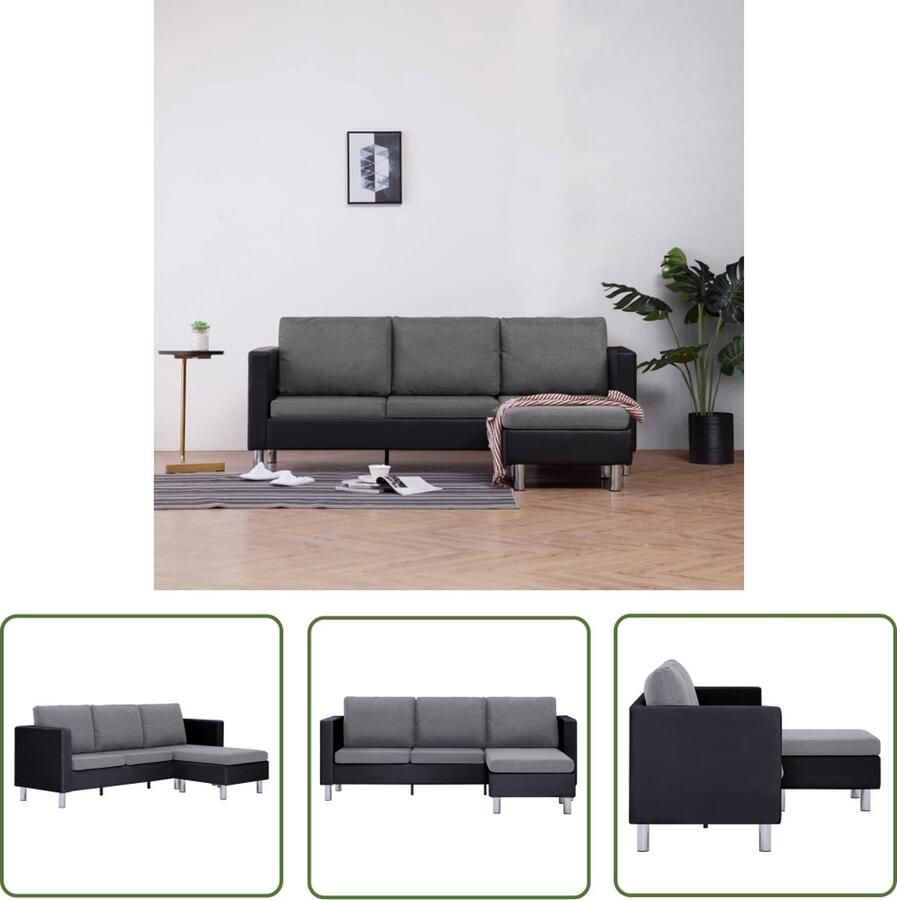 The Living Store Bank Chaise Longue Kunstleren Sofa Zwart en Lichtgrijs 188 x 122 x 77 cm Driepersoonsbank Hoekbank Kunstlederen Bank Lounge Bank Zitzakken