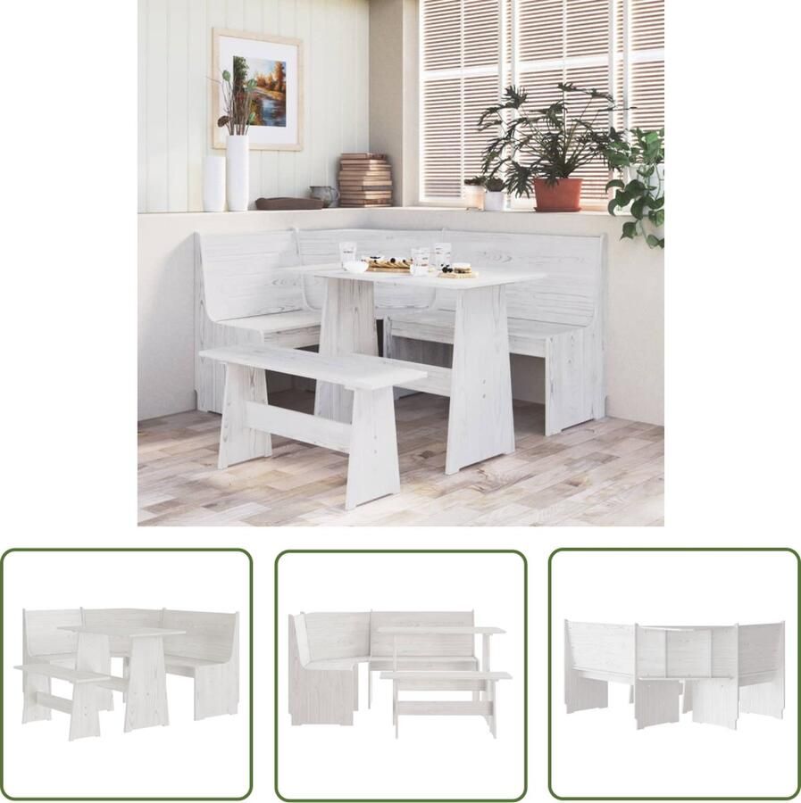 The Living Store Eetmeubelset Massief grenenhout Wit Hoekbank 151 x 118.5 x 85 cm Tafel 100 x 60 x 73 cm Bankje 92 x 28 x 43 cm Eetkamerstoel Hoekbank Eettafel Granenhouten Meubels Bruine Meubels
