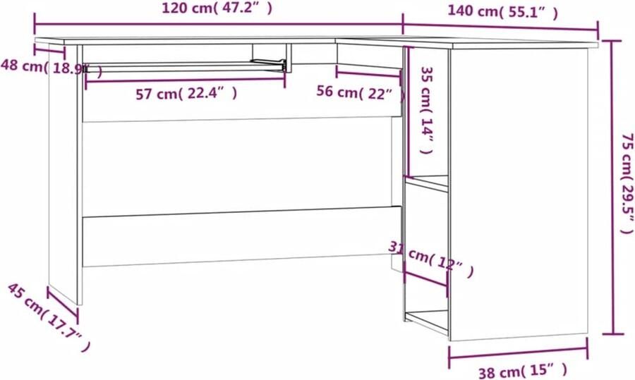 VidaXL -Hoekbureau-120x140x75-cm-bewerkt-hout-grijs-sonoma-eikenkleurig - Foto 4