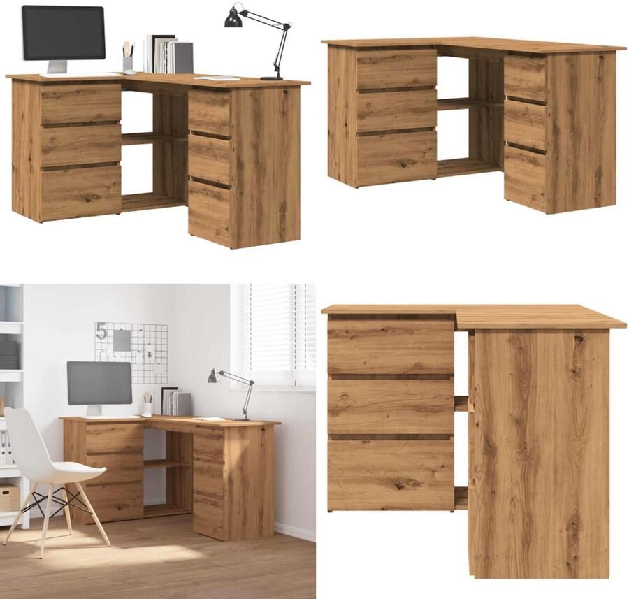 VidaXL Hoekbureau 145x100x76 cm bewerkt hout artisanaal eikenkleur Hoekbureau Hoekbureaus Bureau Laptoptafel