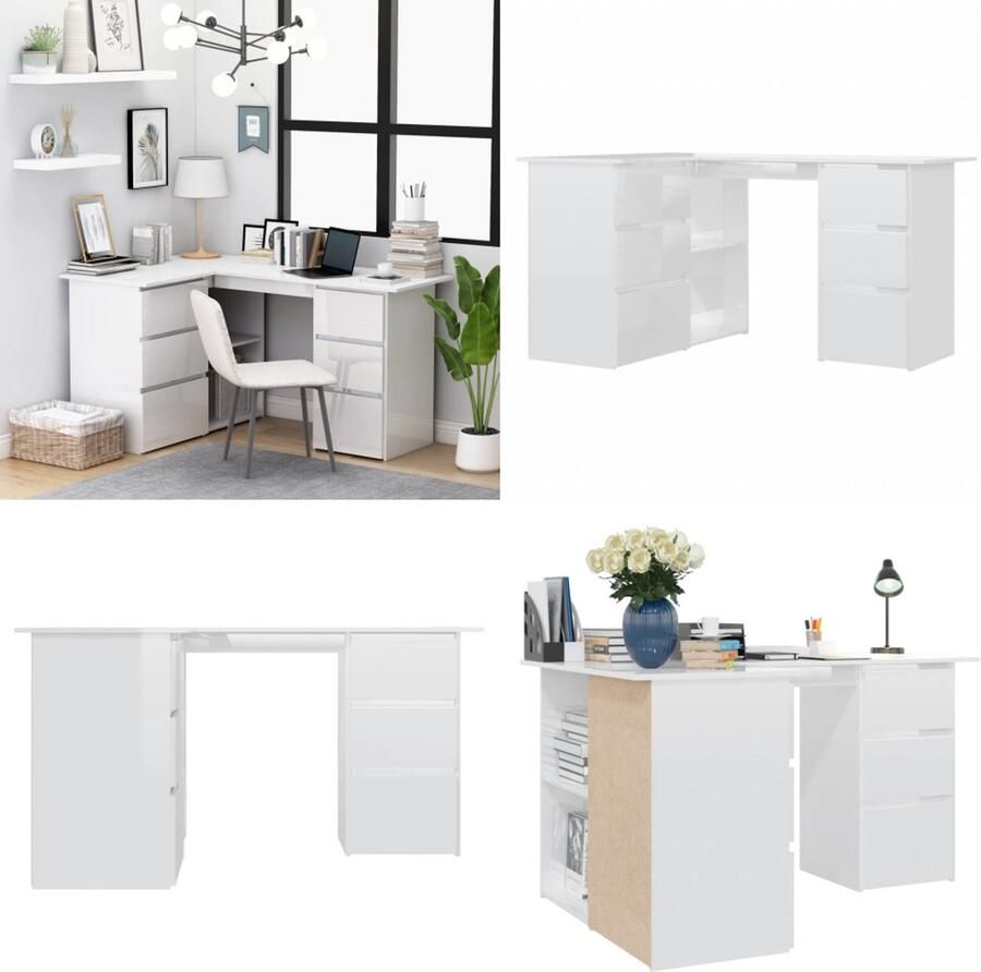 VidaXL Hoekbureau 145x100x76 cm bewerkt hout hoogglans wit Hoekbureau Hoekbureaus Hoektafel Hoektafels