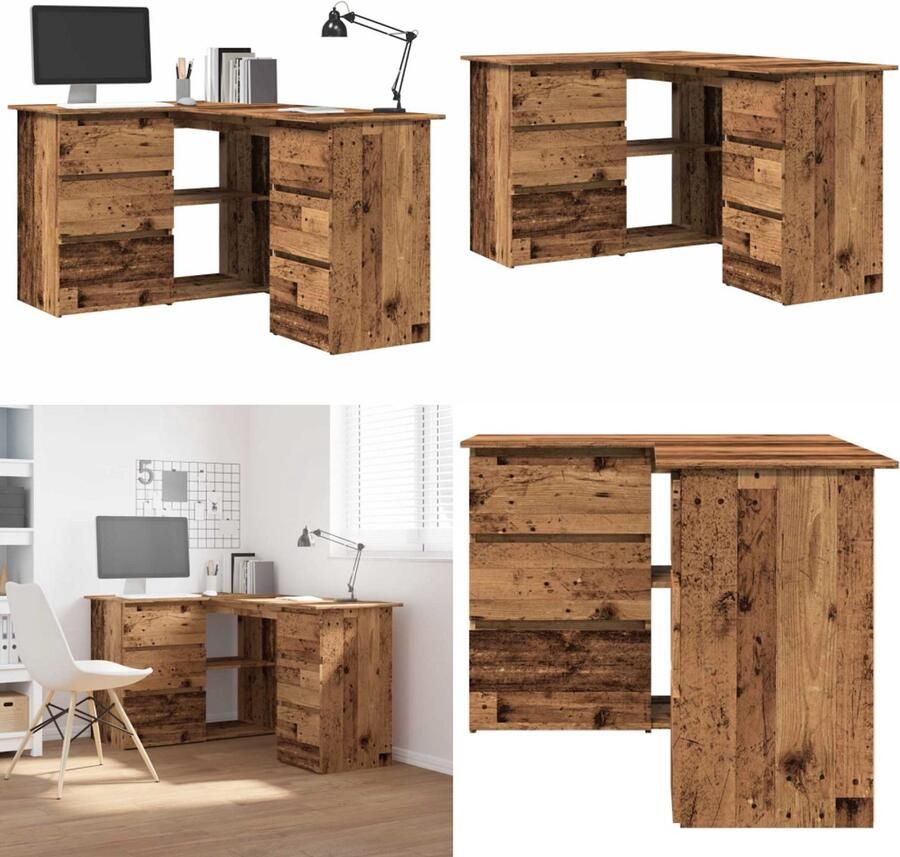 VidaXL Hoekbureau 145x100x76 cm bewerkt hout oud houtkleurig Hoekbureau Hoekbureaus Bureau Laptoptafel