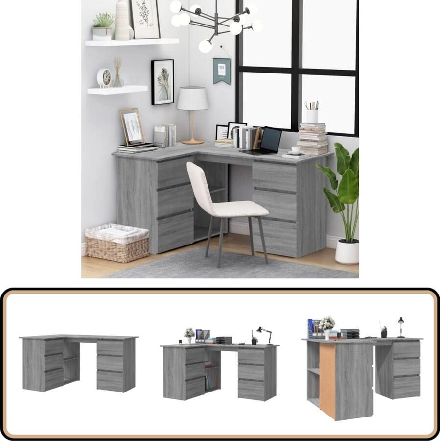 VidaXL Hoekbureau 145x100x76 cm Grijs Sonoma Eiken Hoekenbureau Bureau Houten Bureau Grijze Bureau Sonoma Eiken Compact Bureau Thuiswerkplek Studentenbureau Opslagruimte Kantoormeubilair