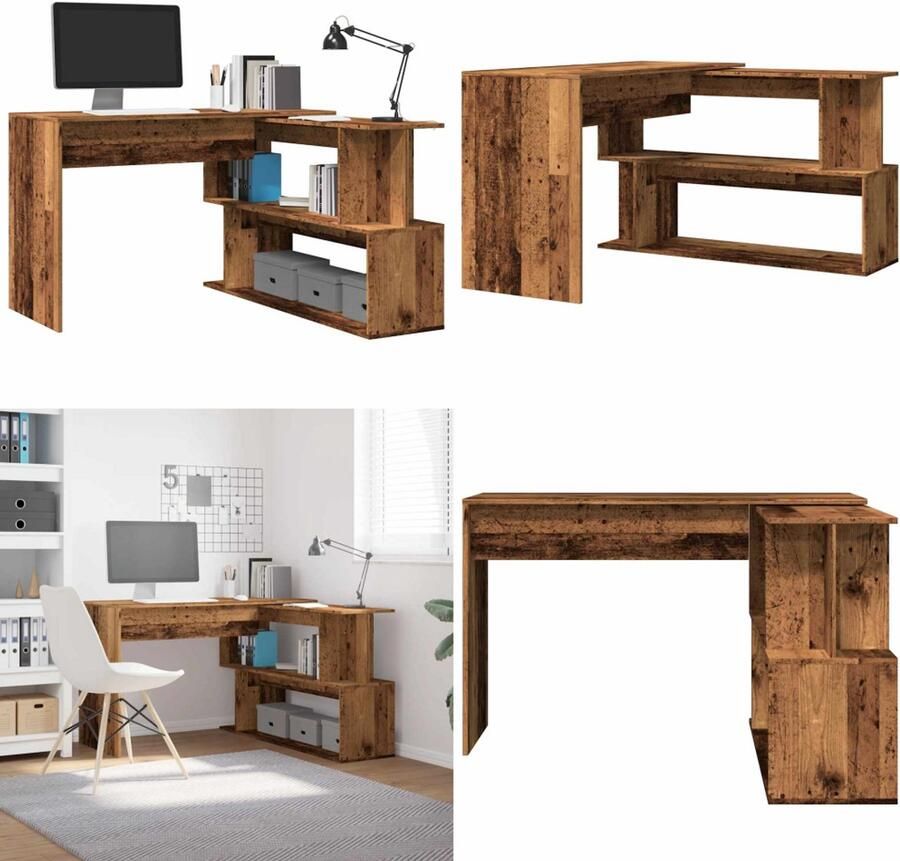 VidaXL Hoekbureau 200 5x50x76 cm bewerkt hout oud houtkleurig Hoekbureau Hoekbureaus Bureau Studiebureau