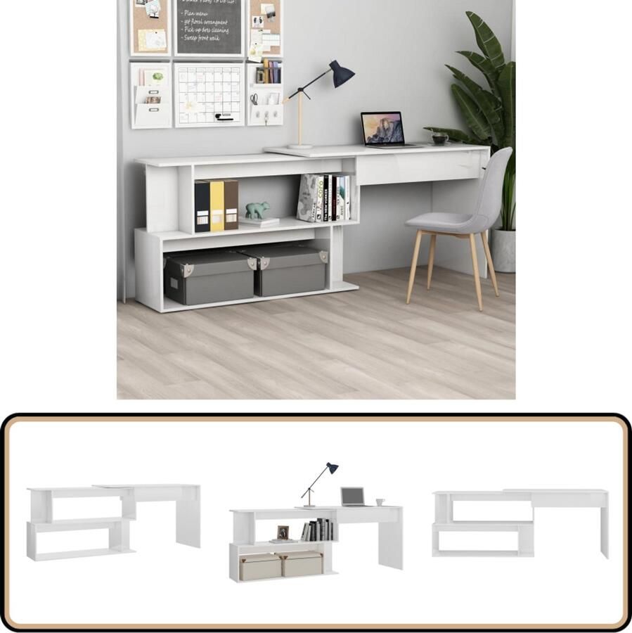 The Living Store Bureau Hoogglans wit 200 x 50 x 76 cm Draaibaar Met open vakken Hoektje Bureau Modern Kantoor Meubilair Bureaus Werkblad - Foto 2