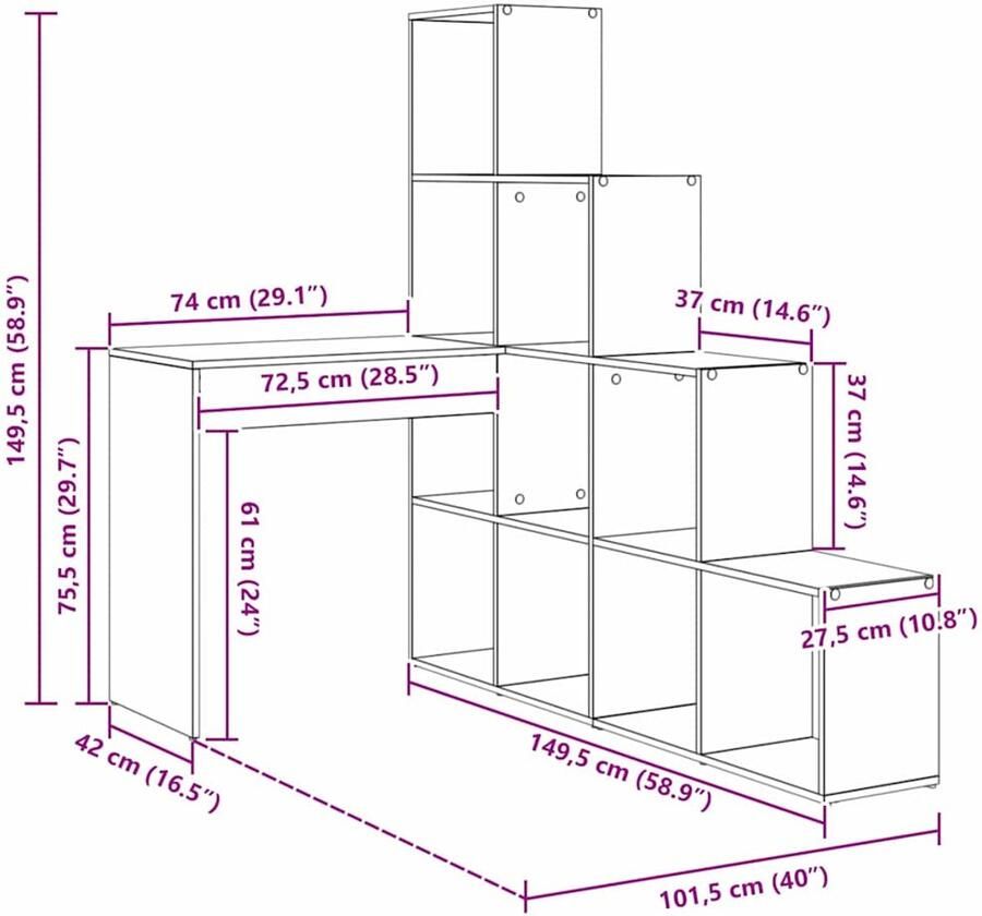 VidaXL Hoekbureau met plank met opslag Betongrijs 101.5 x 149.5 x 149.5 cm