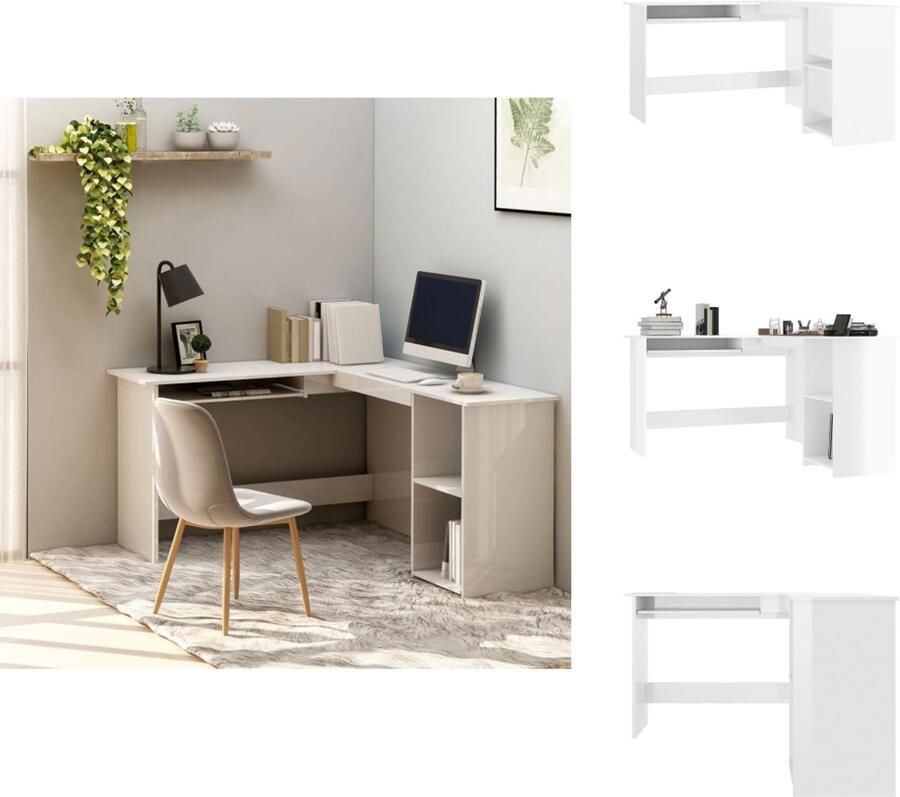 The Living Store Hoekbureau L-vormig 120x140x75 cm bewerkt hout hoogglans wit Hoekschrijf Bureau Werkplek Houten Bureau Wit Bureau - Foto 4