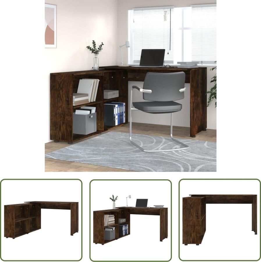 The Living Store Hoekbureau Modern Bureau met Boekenkast 130 x 60 x 75 cm Gerookt Eiken Hoekschrijftafel Hoekbureau Bureaus Schrijfbureau Houten Bureau - Foto 2