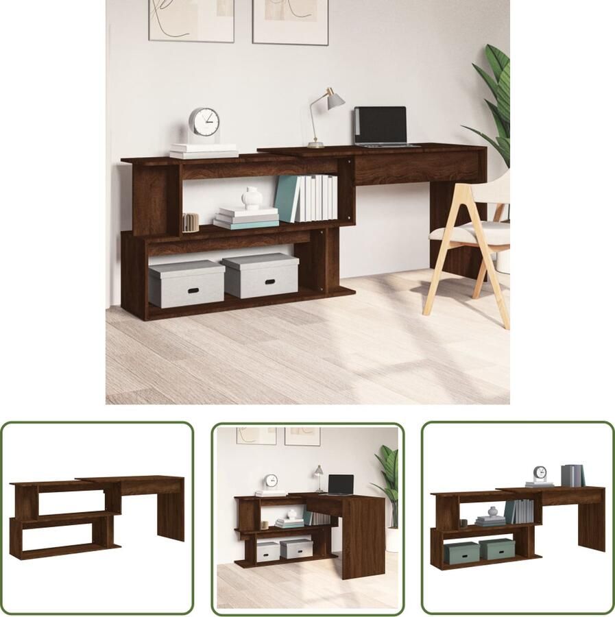 The Living Store Bureau Studiebureau Bruineiken 200x50x76 cm Met opbergruimte Kantoorbureau Hoekbureau Studie Buro Houten Bureau Bruin - Foto 2