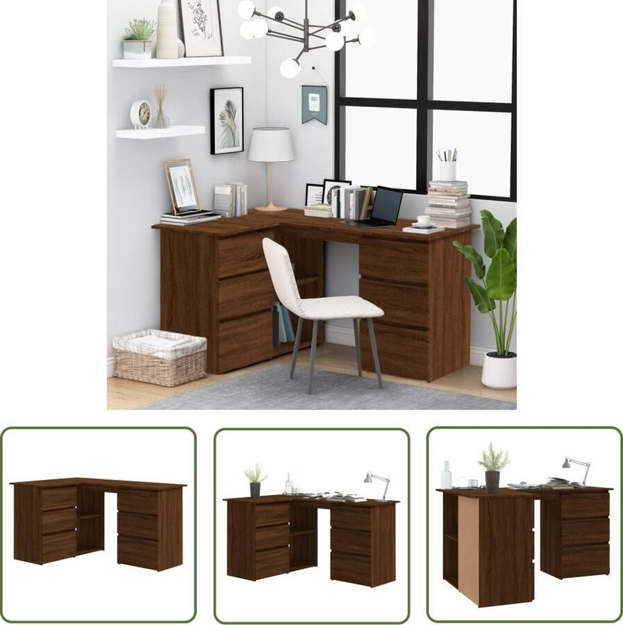 The Living Store Hoekbureau 145x100x76 cm bewerkt hout bruin eikenkleur Hoekenbureau Hoekbureau Kopen Bureau Schrijfbureau Houten Bureau - Foto 2