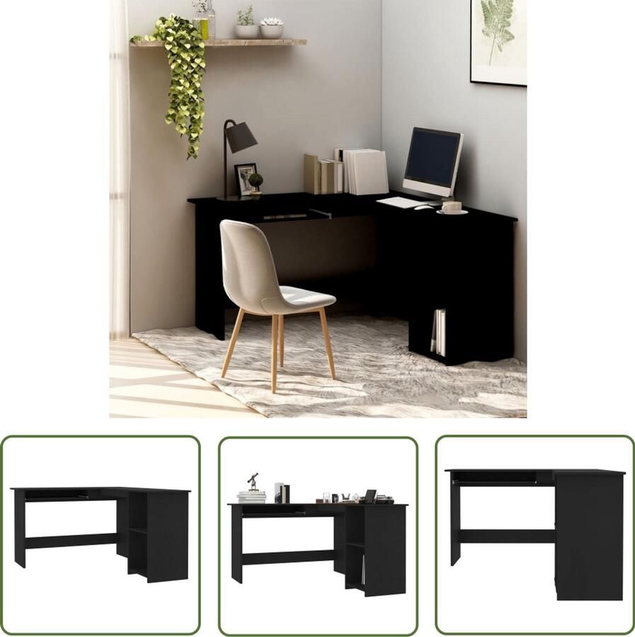 VidaXL Hoekbureau L-vorm 120x140x75 cm Zwart Hoekenbureau Werkplek Thuiskantoor Bureaublad Houten Bureau Modern Bureau Zwarte Bureau Compact Bureau Ergonomische Werkplek Opbergruimte Stapelbare Planken