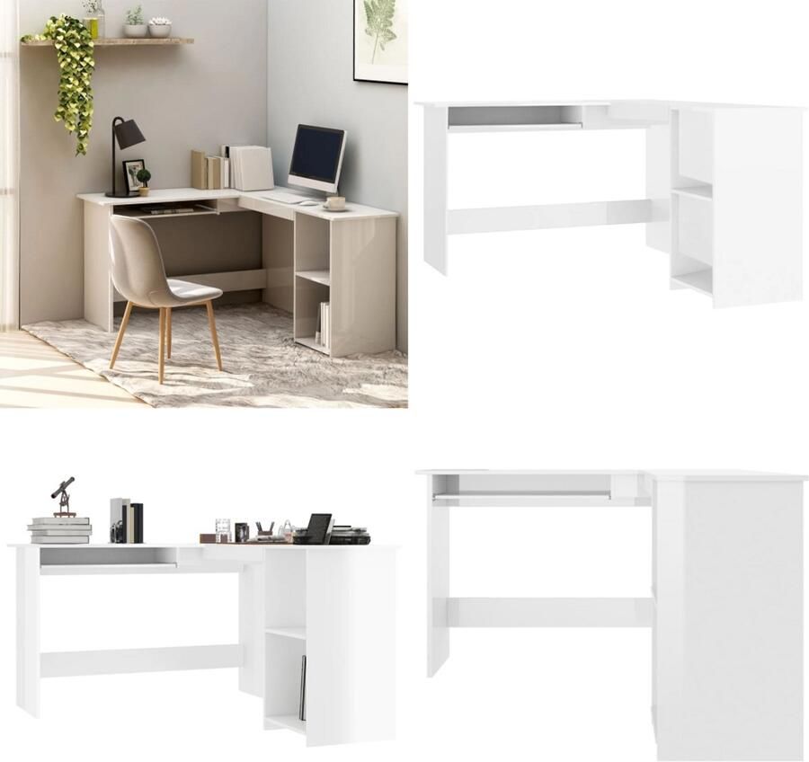 VidaXL Hoekbureau L-vormig 120x140x75 cm bewerkt hout hoogglans wit Hoekbureau Hoekbureaus Bureau Bureaus