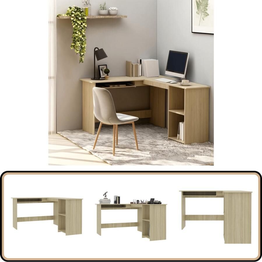 The Living Store Hoekbureau L-vormig 120x140x75cm bewerkt hout sonoma eikenkleur Hoeken Bureau Bureaus Houten Bureau Sonome Eiken L-vormig Bureau