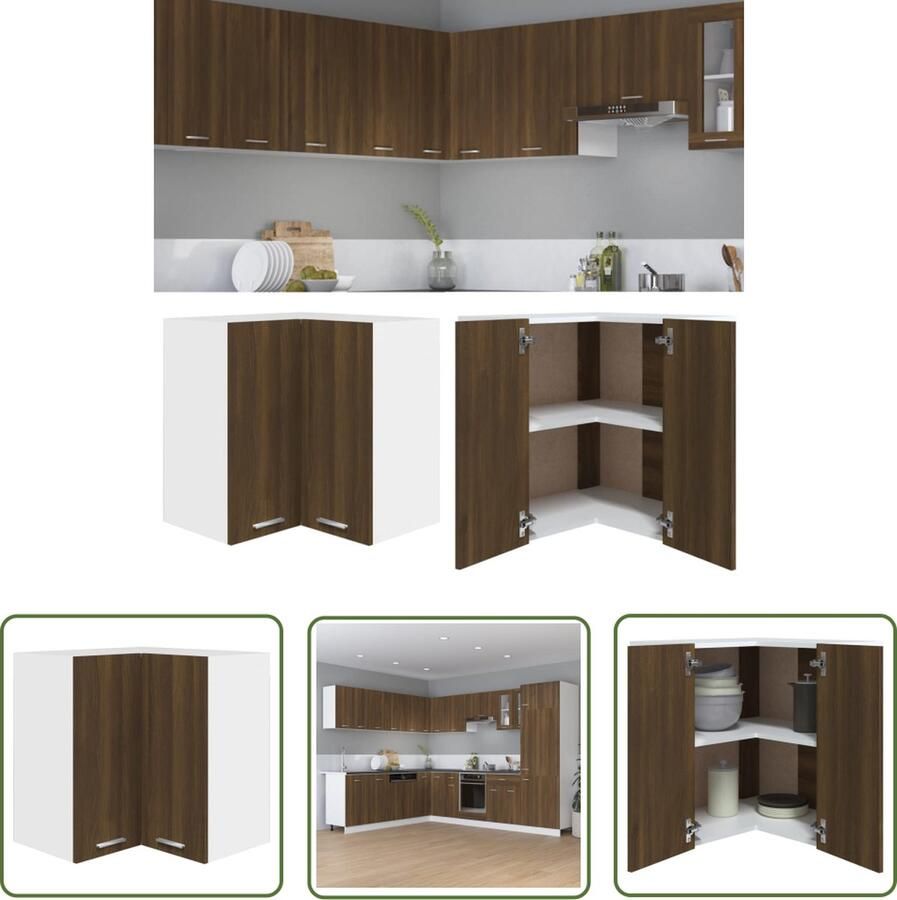 The Living Store Hanghoekkast 57x57x60 cm bewerkt hout bruin eikenkleur Hangkast Hoekkast Keukenopstelling Bergruimte Houten Kast