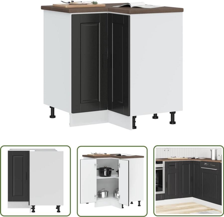 The Living Store Keuken hoekonderkast Porto bewerkt hout zwart Keukenhoekonderkast Zwarte Keukenkasten Houten Keukenkast Opslagoplossing Keuken Keukenmeubilair