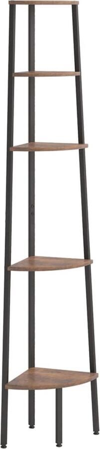 VidaXL Hoekkast met 5 schappen donkerbruin zwart Hoekkast Opbergkast Boekenkast Interieurdecoratie Donkere Kleuren Bruine Kleur Zwarte Kleur Metalen Kast Houten Kast